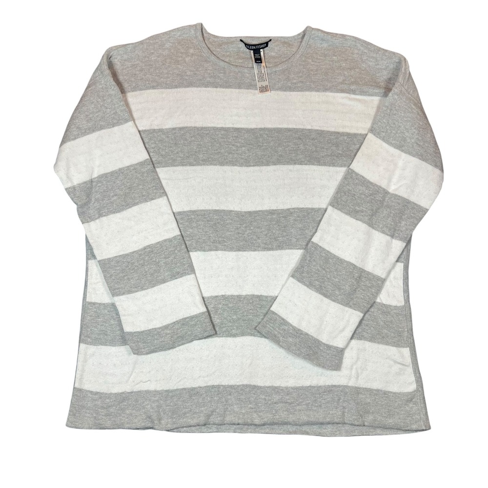 Eileen Fisher Organic Cotton Striped‎ Sweater Grey White Crew Neck M/M R19GHG